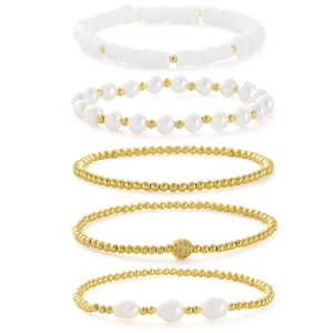 Five-piece layered bracelet set featuring Baroque pearls, gold beads, and white Heishi clay