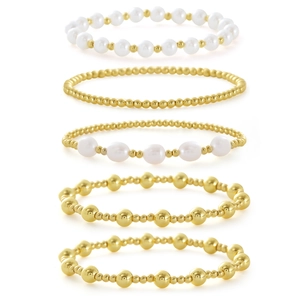 Set van 5 vergulde 18K kralenarmbanden met elegante witte imitatieparels voor dames