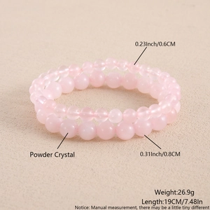 Detail showing 6mm and 8mm pink crystal bead bracelets with precise size measurements