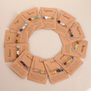 Set of 12 zodiac necklaces with natural stones and stainless steel pendants on cards
