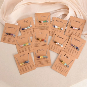 Detailed set of 12 zodiac necklaces with natural stone beads and stainless steel pendants