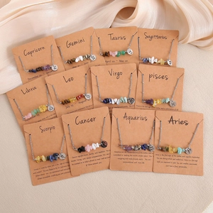Twelve zodiac sign necklaces set with natural crushed stones and silver pendant charms