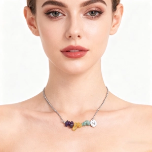 Pisces zodiac necklace featuring multi-color natural raw stones and silver pendant