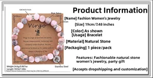 Detailed shot of pink zebra stone Virgo bracelet with zodiac charm on gift card