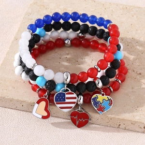 Natural Stone Beaded Bracelet With Heart Pendant USA Flag Autism Awareness Heartbeat Pattern Elastic Jewelry For Women Men