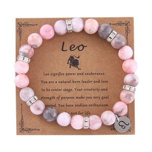 Pink zebra jasper Leo constellation beaded bracelet with zodiac charm and card