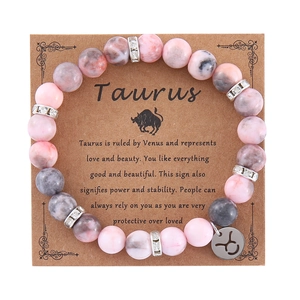 12 Zodiac Signs Pink Zebra Natural Stone Beaded Bracelet With Rhinestone Alloy Charms Elastic Constellation Jewelry Gift For Men Women