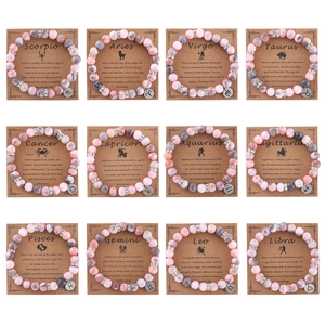 Pink zebra jasper 8mm stone zodiac bracelets set with constellation charms and display cards