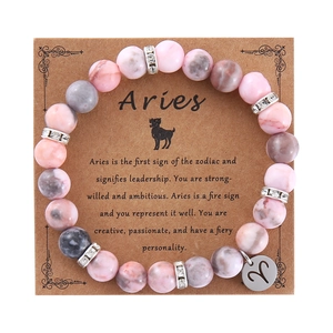 Pink zebra jasper Aries zodiac bracelet with silver charm and personality trait card