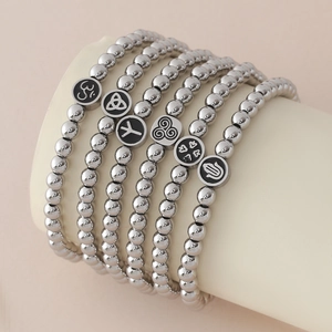 Set aus sechs Edelstahl-Perlenarmbändern mit elastischem Band und religiösen Anhängern