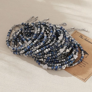 Ensemble de bracelets en perles de lapis bleu et cœur argenté avec fermoir mousqueton