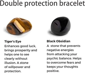 Vista detallada de piedras pulidas ojo de tigre y obsidiana para pulsera de protección