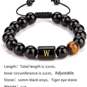 Pulsera de Cuentas de Piedra Natural Ojo de Tigre Obsidiana Negra Con Letra Inicial Para Hombre Mujer Cuerda Trenzada