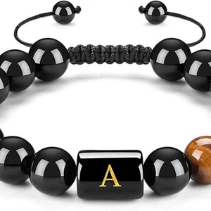 Pulsera ajustable de cuentas de ojo de tigre con letra A dorada y cordón trenzado