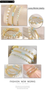 Close-up of layered bracelet set with gold beads, freshwater pearls, and blue stones
