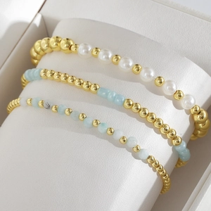 Gold Plated Copper Bead Stackable Bracelet With Shell Artificial Pearl And Natural Stone Beaded Handmade Jewelry For Women Summer Gift