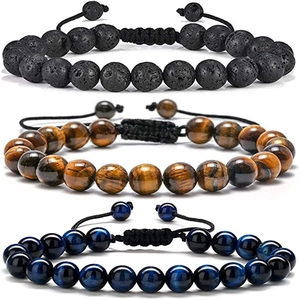 Pulsera Difusora de Aceites Esenciales de Ojo de Tigre y Piedra de Lava Natural Tejida a Mano Ajustable Pulsera de Cuentas Redondas para Hombre Mujer Joyería de Aromaterapia