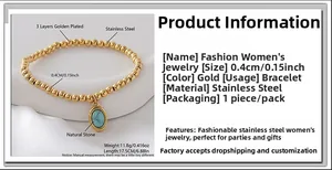 Detail of 17.5cm gold-plated stainless steel bead bracelet with natural stone pendant