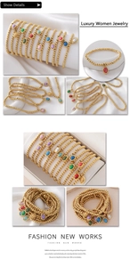 Macro detail of gold-plated beaded bracelets featuring oval natural stone pendants