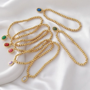 Gold-plated stainless steel bead bracelets with colorful natural gemstone pendants