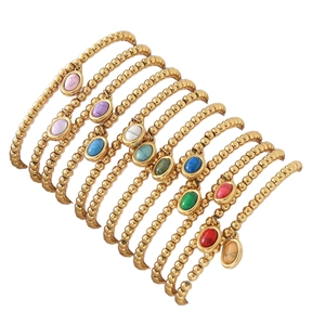 Gold-plated stainless steel birthstone bracelets with colorful natural stone oval pendants