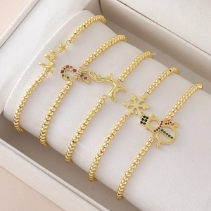 Pulsera de Cuentas de Navidad de Cobre Chapado en Oro de 18K para Mujer Con Dije de Reno Copo de Nieve Muñeco de Nieve Joyería Festiva Regalo