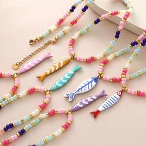 Colorful beaded fish pendant necklace with stainless steel lobster clasp and chain