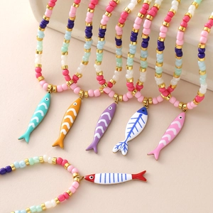 Stainless Steel Striped Fish Pendant Necklace Colorful Rice Beads Chain Choker Summer Ocean Style Jewelry For Women Unisex