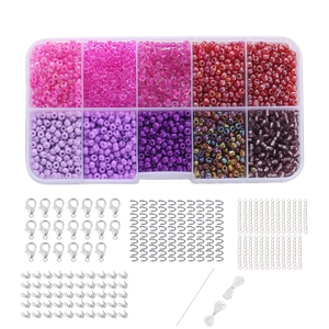 DIY bead jewelry kit with pink and purple seed beads in a 10-slot storage box