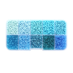 Blue 10-grid DIY bead kit with 3mm glass seed beads in various finishes for jewelry making