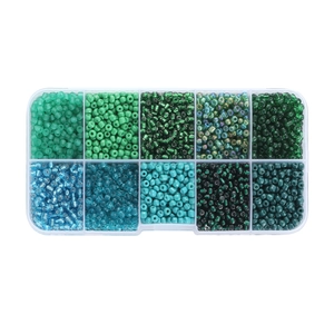 Detail of 10-compartment storage box with blue and green 3mm seed beads for DIY jewelry