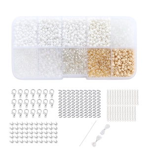 DIY 3mm white seed bead kit with 10-grid storage box, elastic thread, and metal jewelry clasps