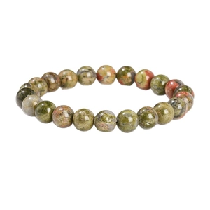 Pulsera de cuentas de piedra natural unakita pulida con patrones rojos y verdes