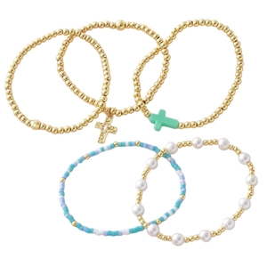 Lot de 5 bracelets croix plaqués or 18 carats avec perles bleues et perles de culture