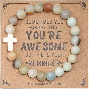 Handmade Natural Stone Beaded Bracelet With Card Lava Rock Amazonite Obsidian Cross Pendant Elastic Rope Wristband Gift