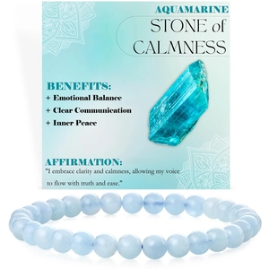 6mm natural aquamarine beaded stretch bracelet with gemstone information display card