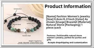 Detail of adjustable turquoise and lava stone bracelet with stainless steel cross charm