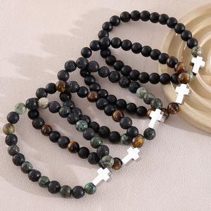 Cross beaded bracelet set with tiger eye, lava rock and matte black glass beads