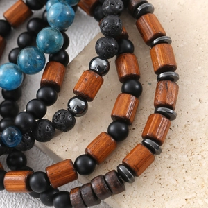 Set de bracelets pour hommes avec pierres bleues, lave, hématite et perles en bois