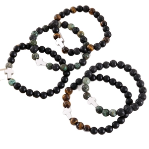 Cross beaded stretch bracelet set with tiger eye and lava stone for men and women