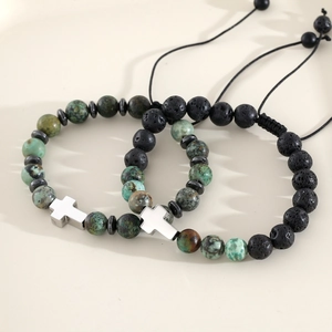 Adjustable bead bracelet set with turquoise stones, lava rocks and steel crosses