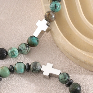 Natural African turquoise and lava stone bracelet with stainless steel cross charm