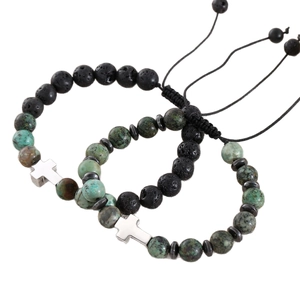 Natural African turquoise and lava stone beaded bracelets with stainless steel cross charm