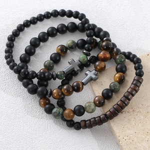Ensemble de bracelets en perles d'œil de tigre et lave avec croix en acier inoxydable
