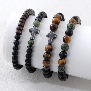 Bracelet Croix en Pierre Naturelle Oeil de Tigre Roche Lavique et Perles de Bois Vintage pour Unisexe Bijoux Religieux