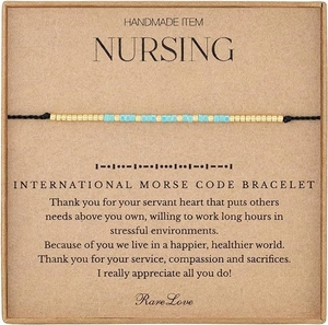 Nursing Morse code bracelet with natural turquoise stones and gold beads on a gift card