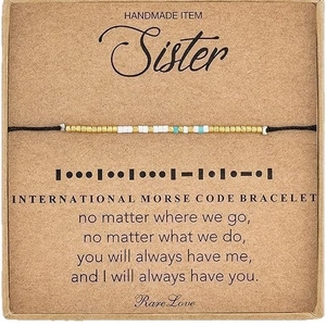 Morse code bracelet with turquoise beads on Sister gift card with emotional quote