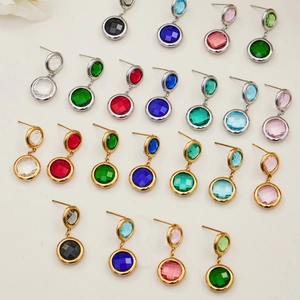 Elegant stainless steel jewelry set featuring colorful round faceted crystal drop earrings