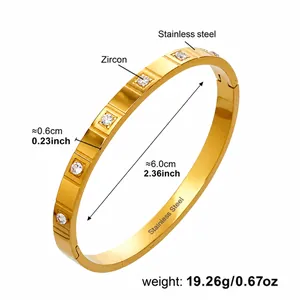 Detailed view of 18K gold plated stainless steel zircon bangle with precise dimensions