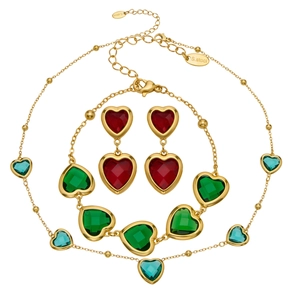 18k vergoldetes Edelstahl-Schmuckset mit bunten Herzsteinen für Damen